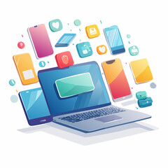 Poster - Colorful illustration of a laptop with smartphones and app icons in digital communication
