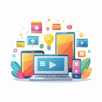Colorful illustration of various devices and abstract elements on a white background.