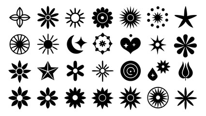 Poster - A collection of black and white decorative floral celestial geometric shapes and icons for design