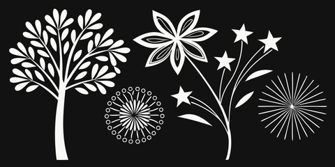Poster - A collection of stylized black silhouettes depicting various elements that may represent natural imagery and geometric shapes perfect for design usage.
