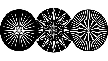 Poster - Abstract geometric designs comprising three circular elements featuring radial patterns in a striking black and white composition