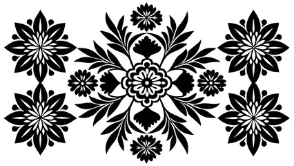 Poster - Elegant black and white floral design pattern featuring stylized flowers and ornamental foliage arranged symmetrically on white background
