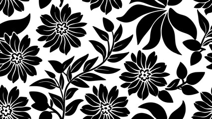 Poster - Elegant black and white floral pattern with stylized flowers and leaves for seamless design or decorative projects