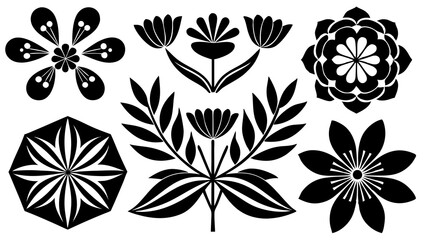 Poster - Elegant collection of black and white floral designs, featuring stylized flowers and geometric botanical elements on a white background.