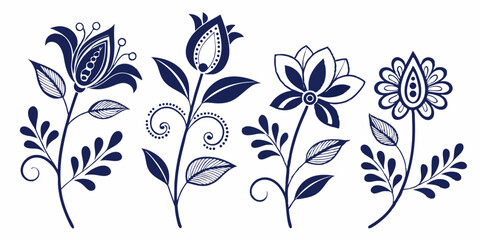 Poster - Elegant decorative floral vector designs in navy blue with various flower and leaf stylized shapes