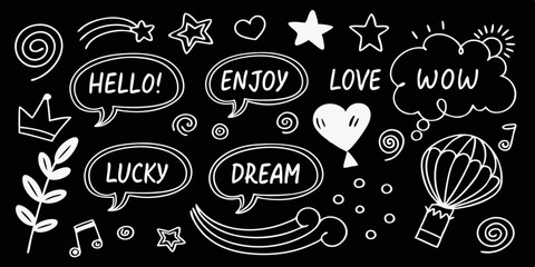 Poster - Whimsical vector illustration featuring hand drawn elements including speech bubbles with text, stars, hearts, and decorative swirls