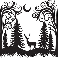  Vector Art of Pine Trees and Crescent Moon