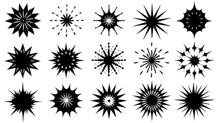 Poster - Collection of abstract geometric starburst and sunburst shapes in black with various design styles on white background