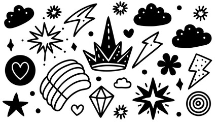 Poster - Collection of hand drawn black and white cartoon elements featuring hearts stars clouds crowns and other decorative illustrations