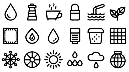 Poster - Collection of minimalist hand drawn icon illustrations representing natural elements and common everyday objects in black outlines