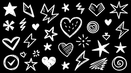 Poster - Collection of hand drawn white doodle elements including hearts stars lightning bolt spirals and check mark symbols on black background