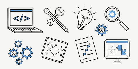 Collection of hand-drawn software development and engineering icons ideal for user interface design and applications