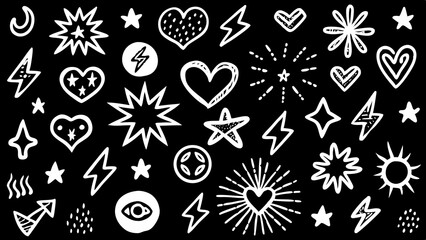 Poster - Hand drawn doodle elements in white outlines on black background with stars hearts lightning bolts and more