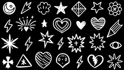 Poster - Hand drawn doodle design elements including hearts stars lightning bolts and other artistic symbols on a black background