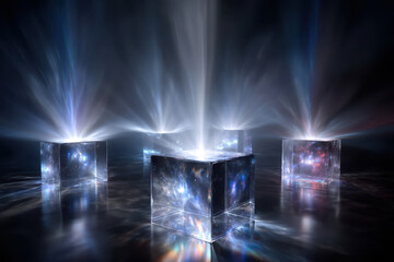 Poster - Translucent cubes emit glowing light beams in a dark setting, creating an enchanting visual display