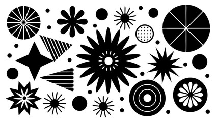 Poster - A collection of stylish abstract geometric shapes including circles stars and floral designs in a monochrome pattern on a white background.