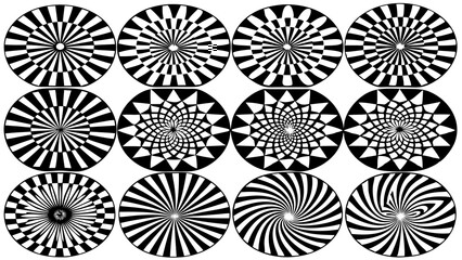 Poster - A black and white collection of geometric optical illusion designs featuring radial and swirling patterns