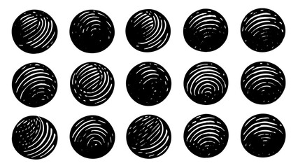 Poster - A group of fifteen artistic black and white circular elements with textured lines on a bright white background