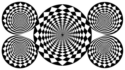 Poster - A striking optical illusion featuring spiraling geometric patterns and various black and white circles on a white background.