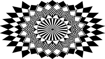 Poster - Abstract black and white geometric mandala design featuring intricate patterns and a radial checkerboard border