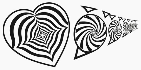 Poster - Abstract black and white optical illusion artwork with hearts and spirals suitable for various creative design projects
