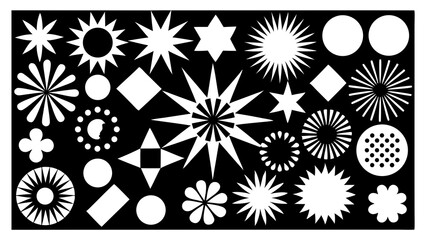 Poster - Abstract design featuring various shapes like stars, circles, and floral elements arranged in a simple black and white composition.