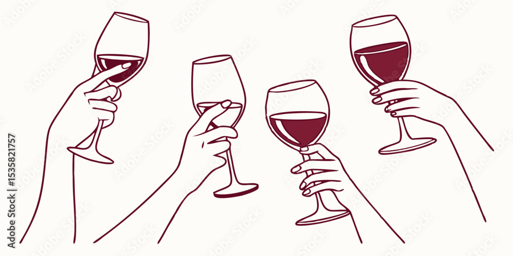 Elegant outline illustration of hands holding wine glasses with red ...