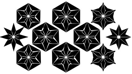 Poster - Abstract black and white star design patterns in different shapes arranged on a bright white background for creative design elements.