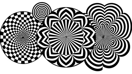Poster - Abstract black and white op art composition featuring diverse geometric patterns with checkerboard circles and floral designs on white backgrounds