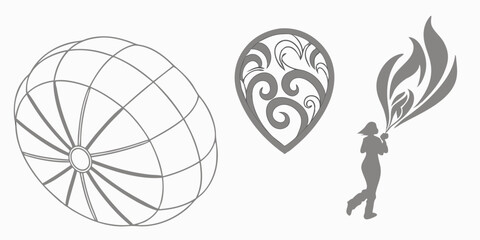 Poster - Abstract vector illustrations featuring a hot air balloon ornament a decorative swirl design and a figure carrying flames