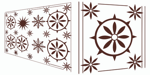 Poster - Decorative floral star and wheel patterns in brown on a transparent white background ready for design use.