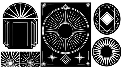 Poster - Elegant art deco design elements featuring sunbursts geometric shapes and starburst motifs in a classic black and white style