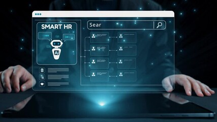 Poster - A modern digital setup showcasing an AI-powered human resources interface on a tablet, emphasizing data management and search capabilities in a futuristic style. Qubit