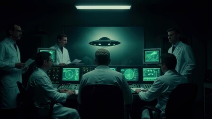 Poster - Men in laboratory coats studying a UFO image on a large screen in a dark control room, surveillance and conspiracy theory footage.