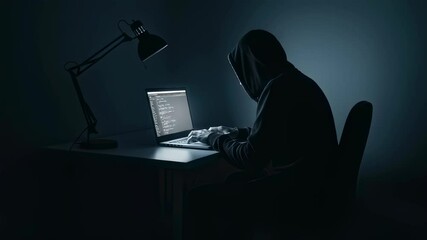 Poster - Man in hoodie programming or hacking on laptop in dark room, illuminated by desk lamp light, for cyber activity footage.