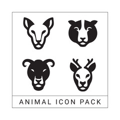 Poster - Minimalist animal icon pack featuring deer cat bear and goat heads in black and white style
