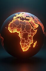 Poster - Glowing digital globe. Africa continent highlighted with light borders. Abstract tech background. Earth map, network connection, global communication, future tech, innovations. Digitalization concept.
