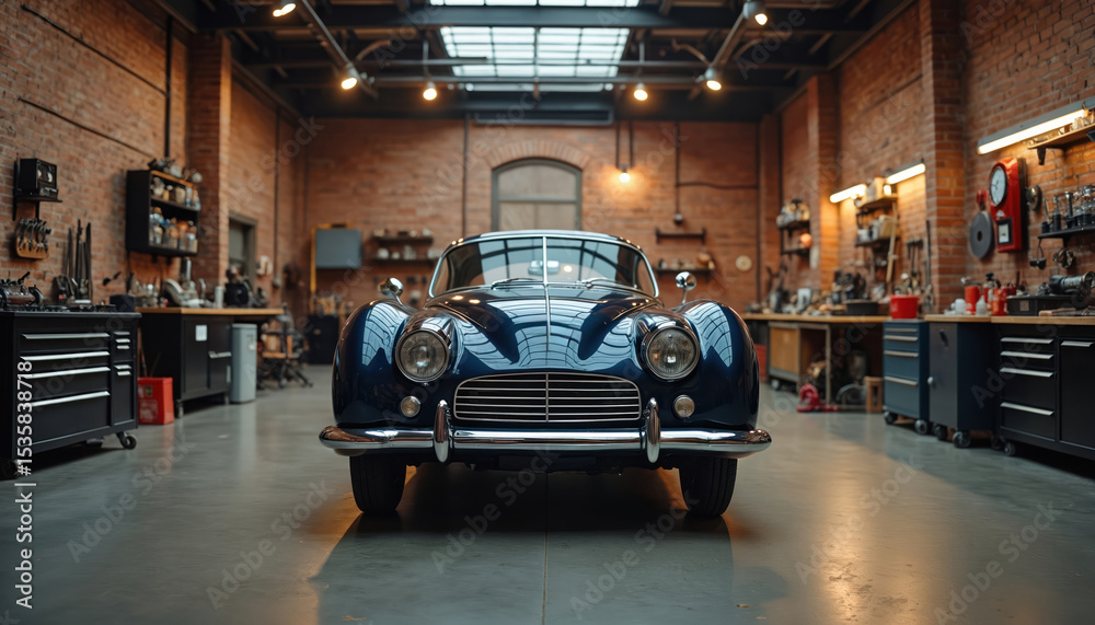 Classic blue vintage car inside stylish workshop garage with brick ...