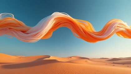 Aufkleber - Abstract art, orange fabric swirls desert landscape. Minimalist design, flowing fabric against clear blue sky, sand dunes. Modern art, stylish composition, dynamic curves, elegant shapes create mood.