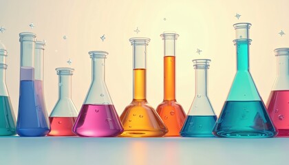 Poster - Colorful flasks in laboratory. Chemistry, experiment, scientific research, analysis of chemical liquids. STEM tech concept illustration for science. Bright colors and forms.
