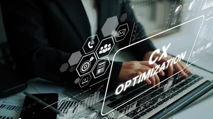 Poster - Professional Hands on Laptop with Digital Concept of Customer Experience Optimization and Business Analytics Interface. Asymptotic smart data analytic.