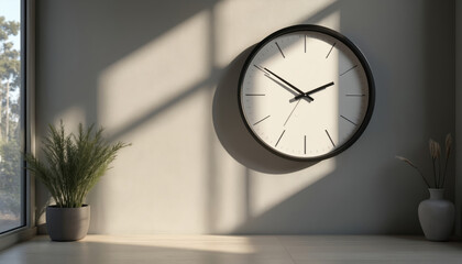 Poster - Minimalist wall clock hanging on grey wall in modern room. Interior design featuring sunlight shadow creating serene atmosphere. Simple decor with round analog clock, time concept.