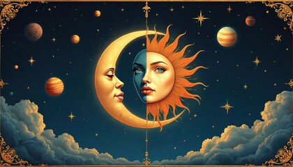 Poster - Celestial illustration featuring moon with human face, sun with human face, stars planets against dark blue night sky. Cosmic art combines astrology, mystical, fantasy, spiritual concepts and themes.