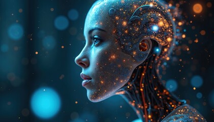 Poster - Futuristic portrait of AI woman. Generative AI technology concept. Digital art illustration of female cyborg with glowing dots on skin, face in profile. Machine learning and deep neural networks.