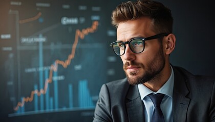 Aufkleber - Handsome businessman in eyeglasses looks at financial charts, analyzes data, investment strategy, future prediction. Man in suit, thoughtful expression, business education concept.