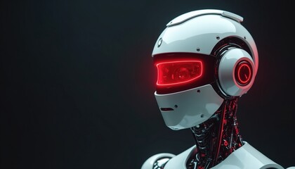 Poster - Futuristic white robot with glowing red display visor on dark background. Cybernetic android profile. Modern artificial intelligence machine concept for AI design and robotic tech.