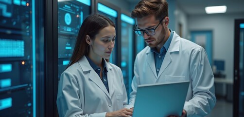Poster - Young female, male engineers work together. Colleagues analyze software, discuss development, AI, tech. Team in office research lab with computer. Teamwork, collaboration. Scientist, specialist