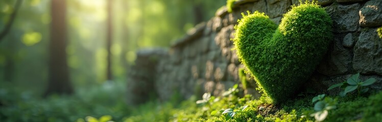 Poster - Green heart covered with grass, plants, leaves next to the stone wall. Nature eco-friendly concept represents nature conservation, love, environment protection. Romantic symbol of love in wild nature.
