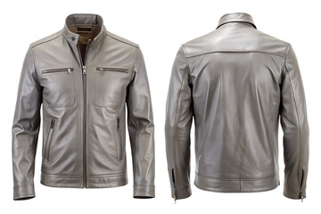 Gray leather jacket displayed from front, modern neutral tone outerwear for fashion catalog use, isolated on transparent background, PNG file