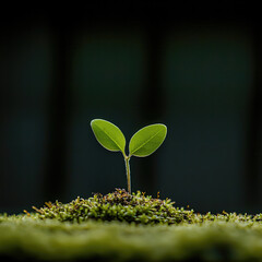 Aufkleber - Young green seedling with two leaves growing from mossy soil, symbolizing new life, hope, and environmental growth